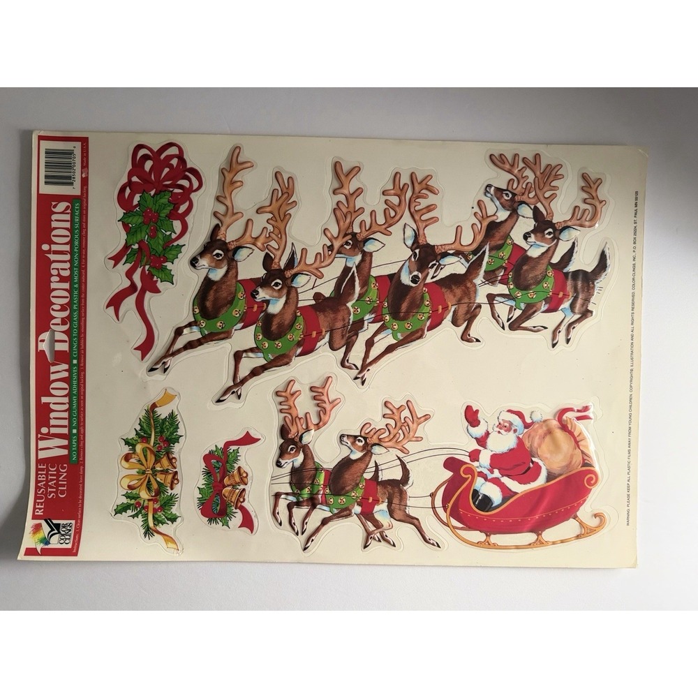Vintage Christmas Window Clings Santa Reindeer Snowflakes Poinsettia  Lot of 6